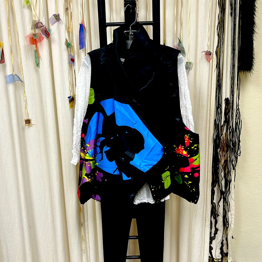 Igor black vest in multi color abstract art work , fabrics is polyester